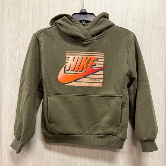 Nike Boy’s 6-7 Hoodie in Olive with Orange Logo 0083 - Picture 2 of 5